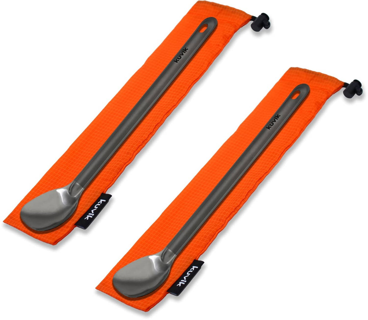 Orange fabric roll pouch with two titanium spoons and black carry loops