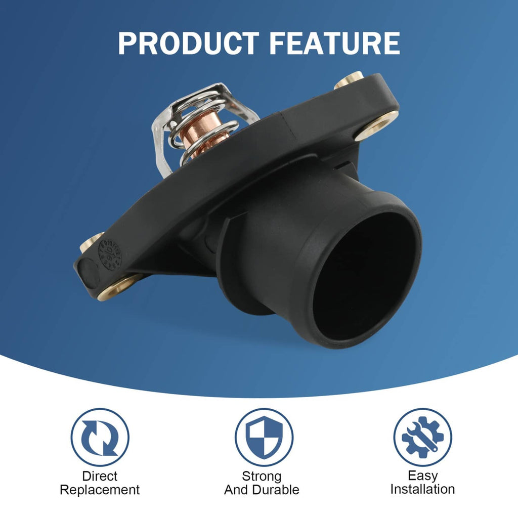 Black coolant thermostat housing with metal valve, coil spring, and wide mounting flange