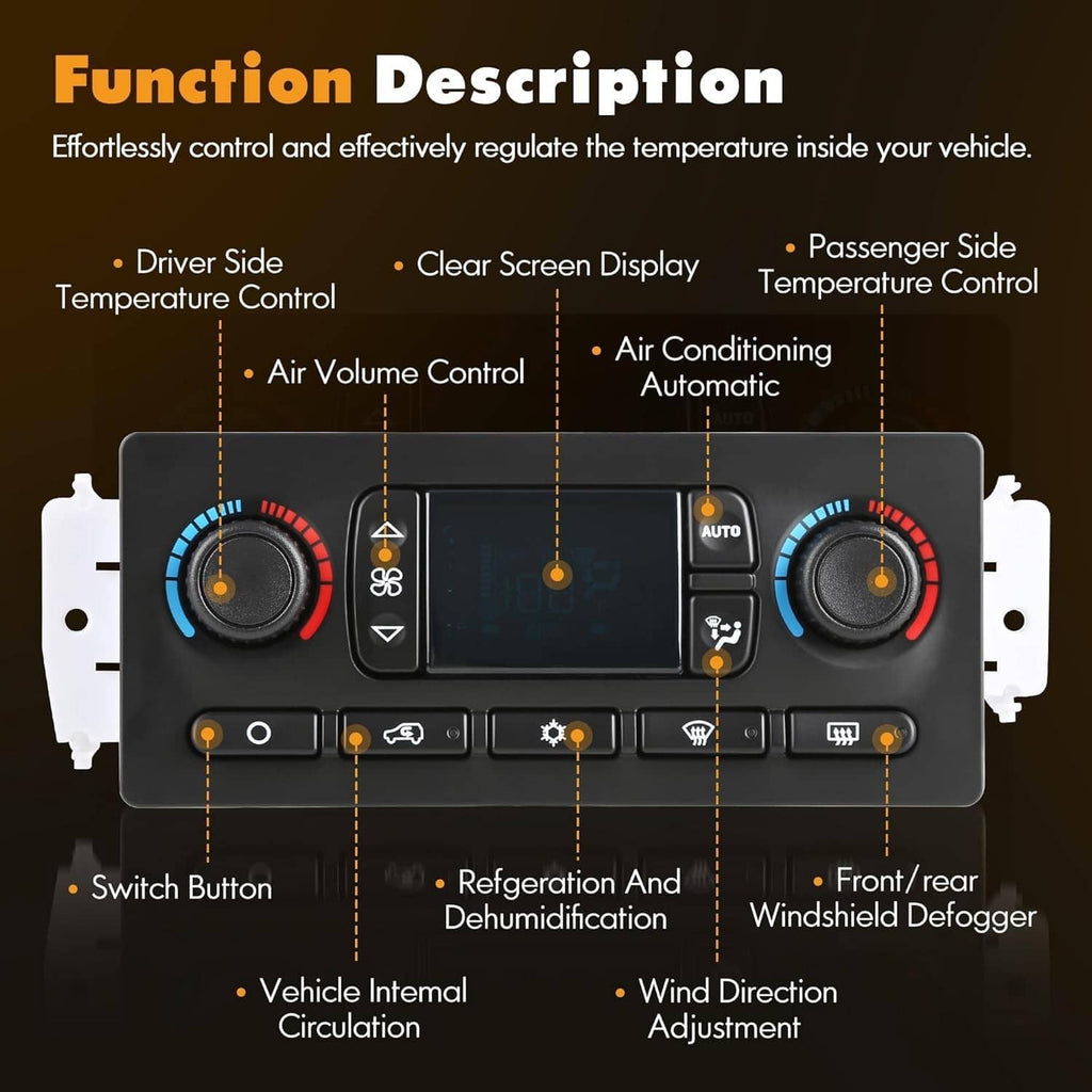 AC climate control module panel with dual temperature knobs and button row