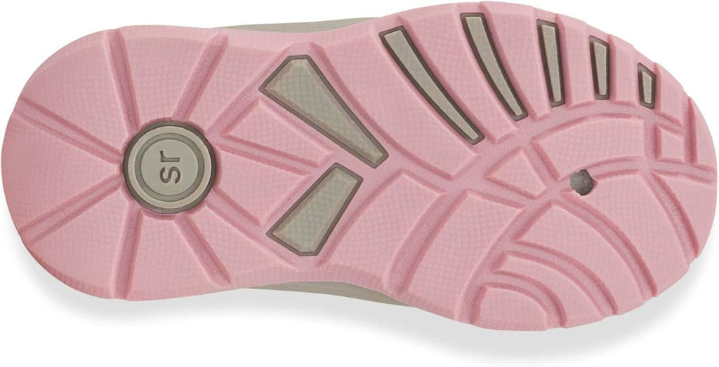 Kids' sneaker outsole, pink tread pattern with gray “sr” round logo