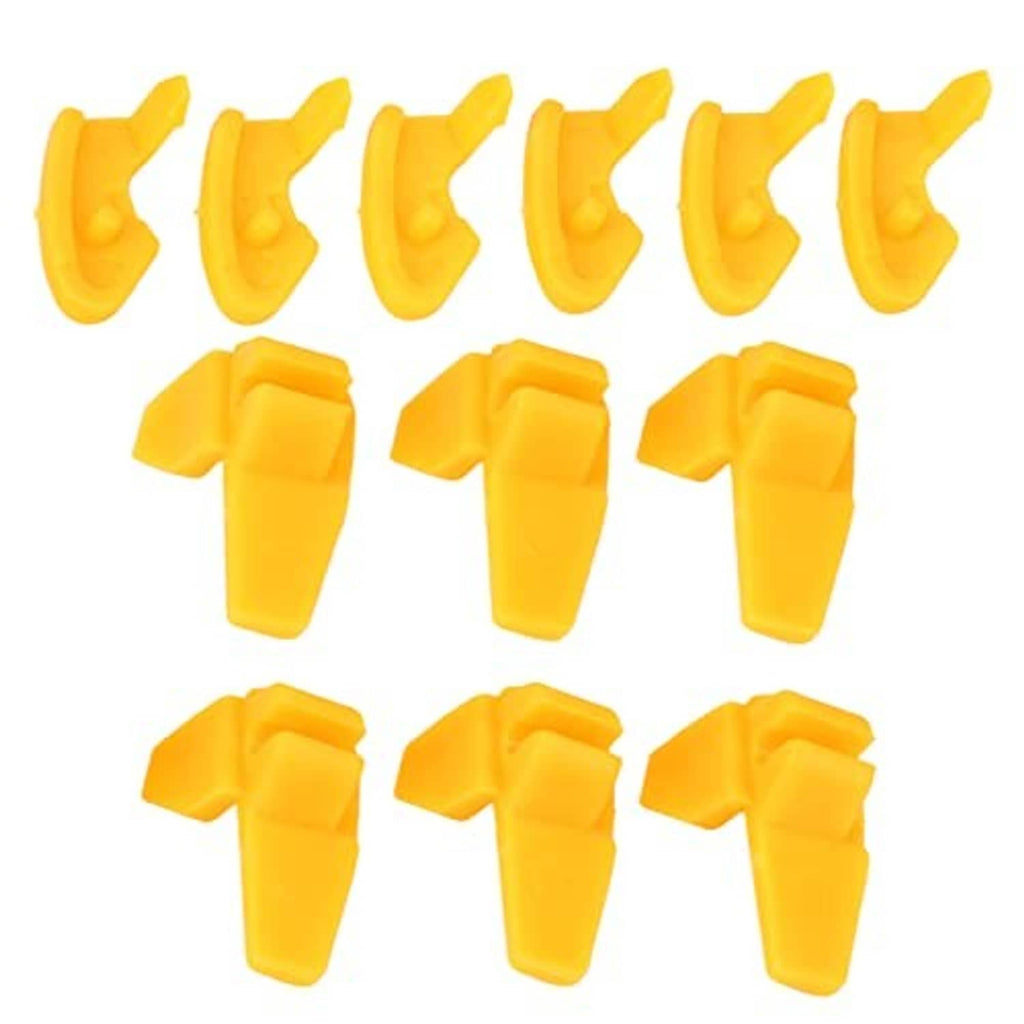 Yellow tire rim mounting tools laid out: curved hooks and T-handle grips