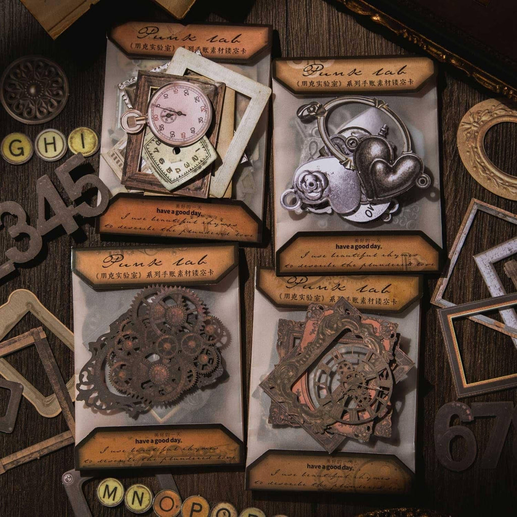 Steampunk junk journal bronze card packs featuring clock, gears, and key-themed designs