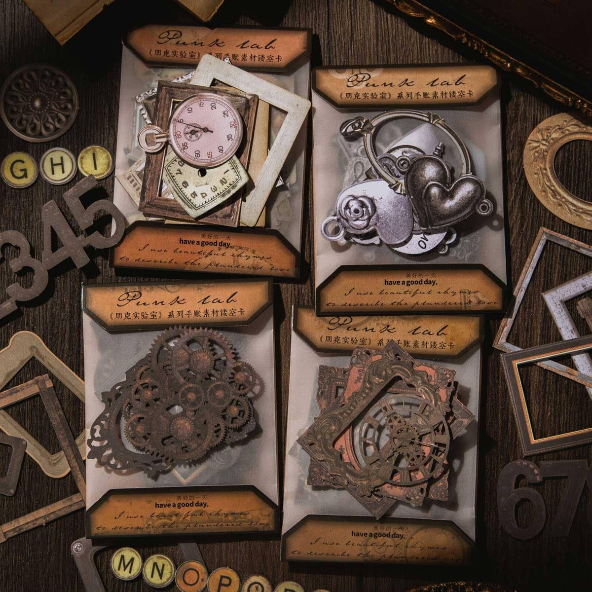 Steampunk junk journal bronze card packs featuring clock, gears, and key-themed designs