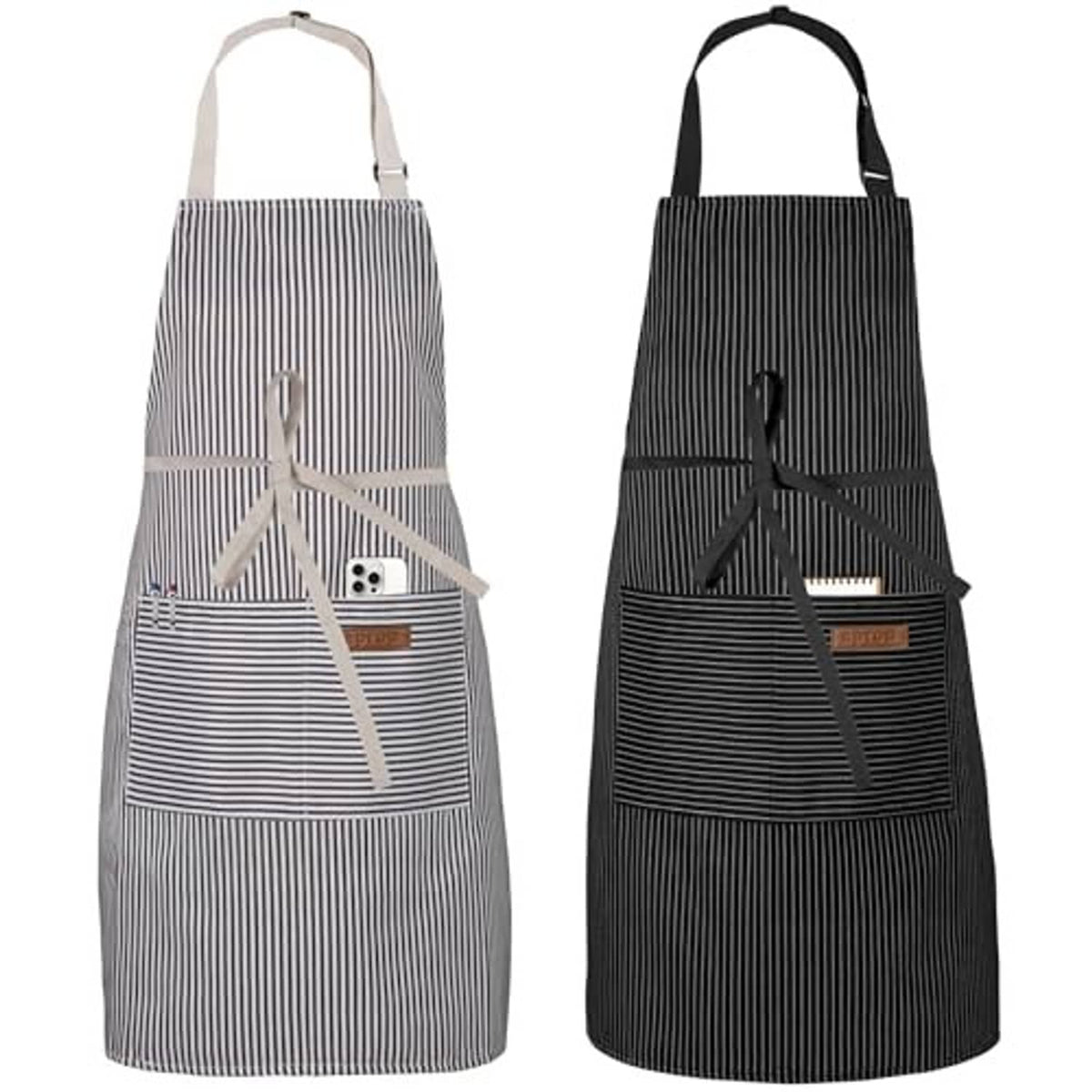 Two pinstripe bib aprons with front tie and large chest pocket, black and light stripes