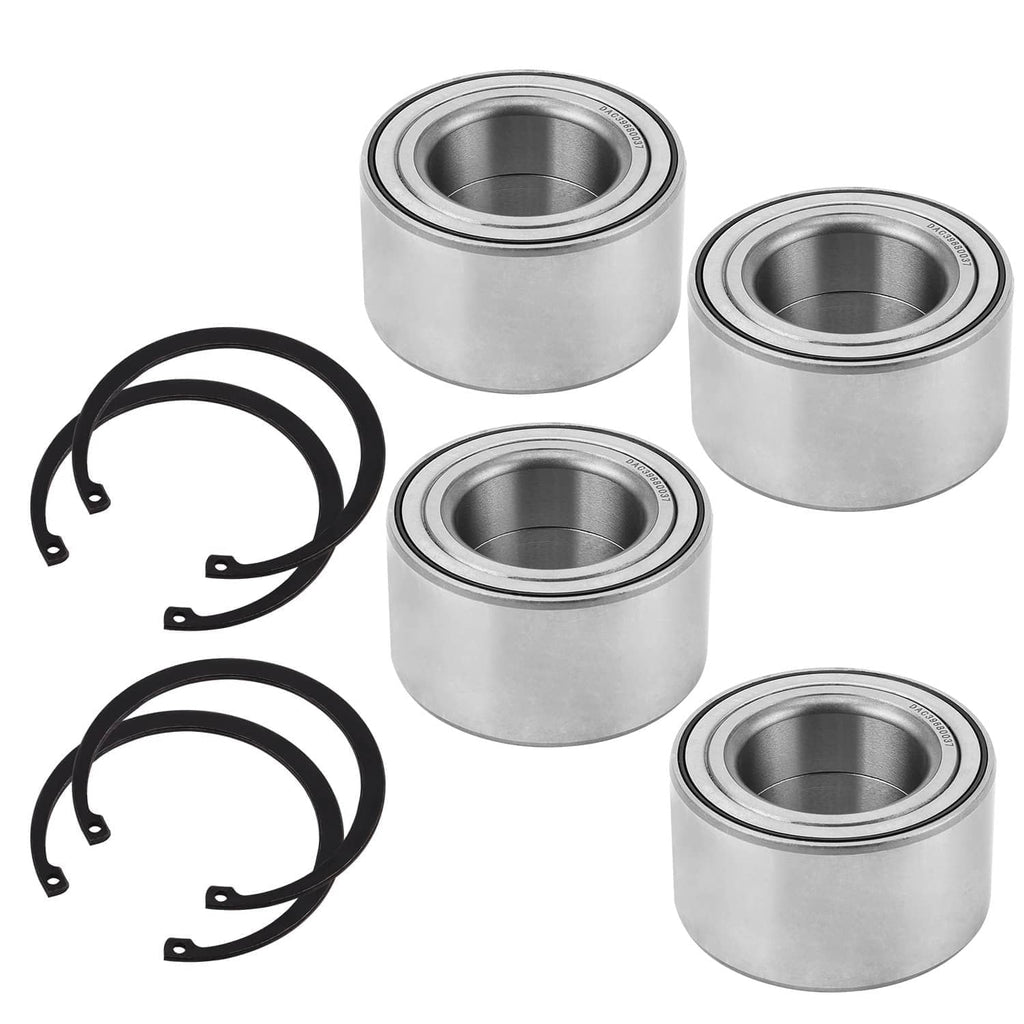 Wheel bearing kit with four silver bearings and black retaining clips