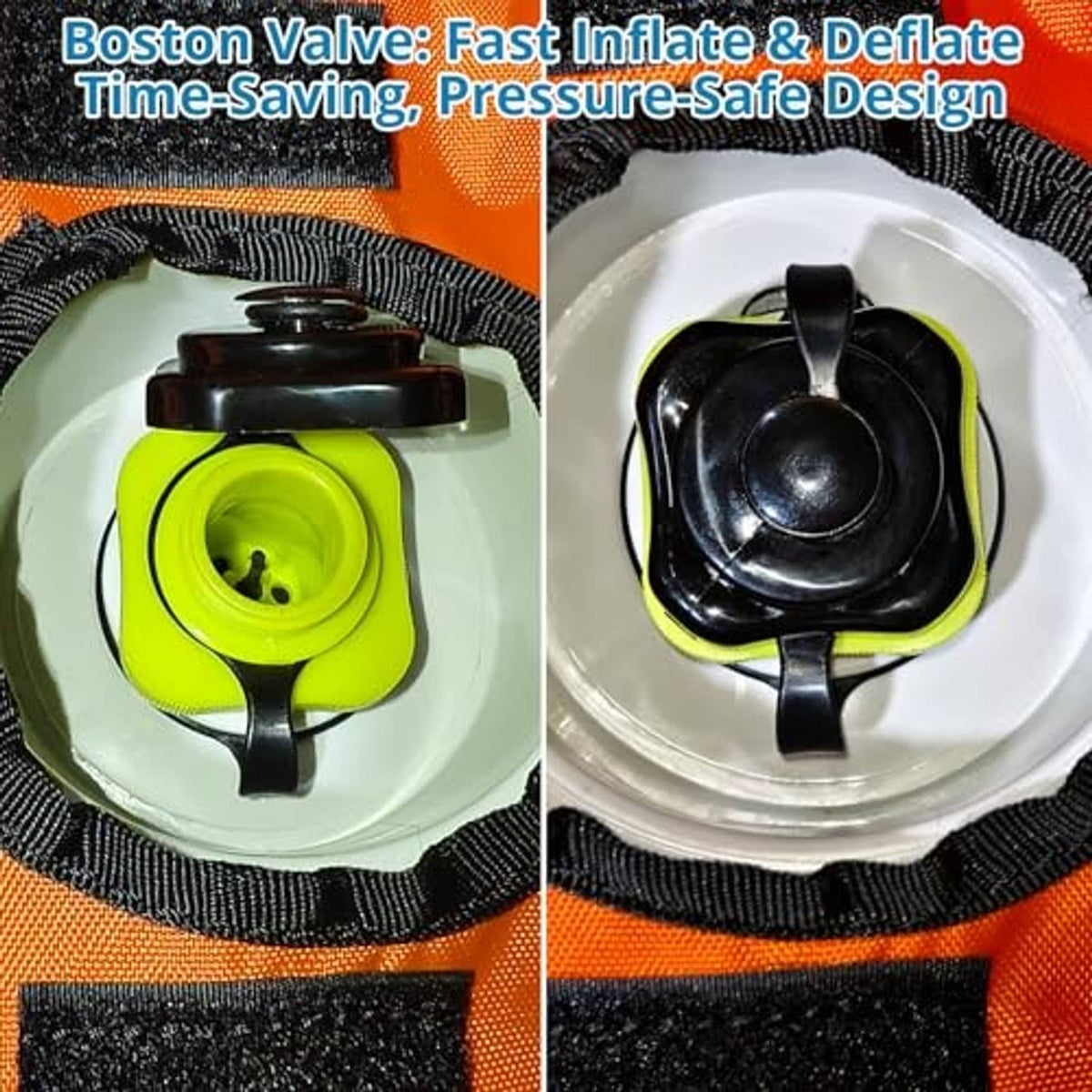 Inflatable tow tube valve and inflation cap, shown in close-up for fast inflate