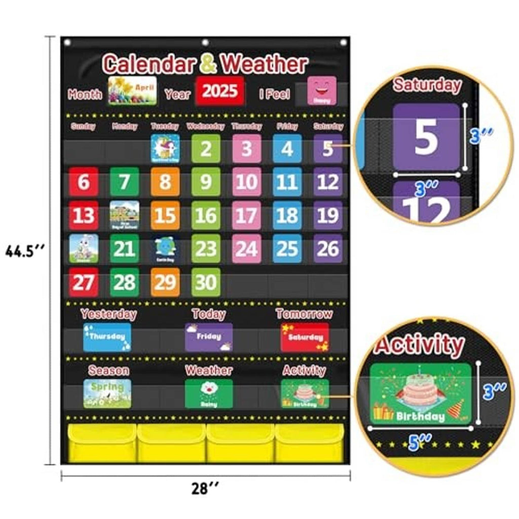 Sized diagram of black calendar & weather pocket chart, 44.5 x 28 inches
