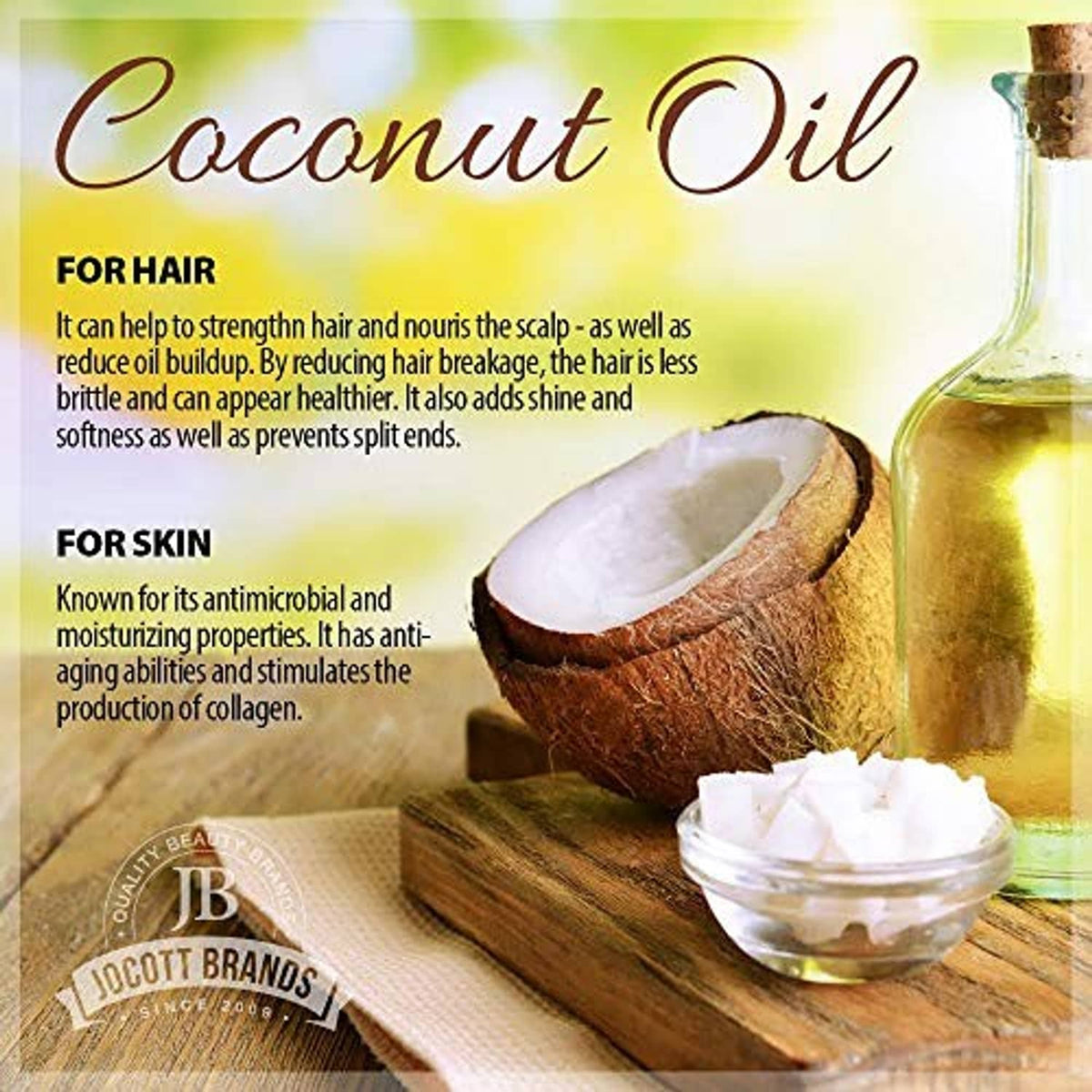 Coconut Oil product bottle with coconut half and whipped oil in jar