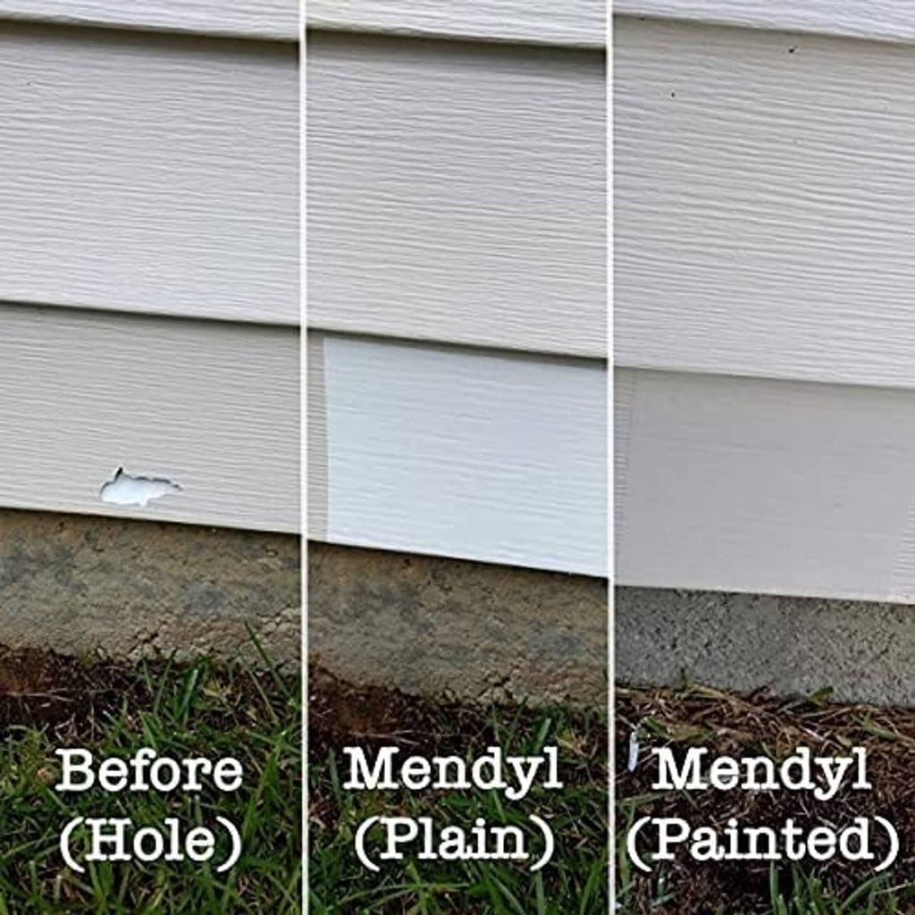 Mendyl vinyl siding repair on white vinyl siding showing damaged and fixed areas
