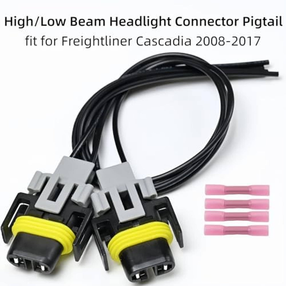 Headlight connector pigtail harness with two sockets, black wire bundle, and pink heat-shrink pieces