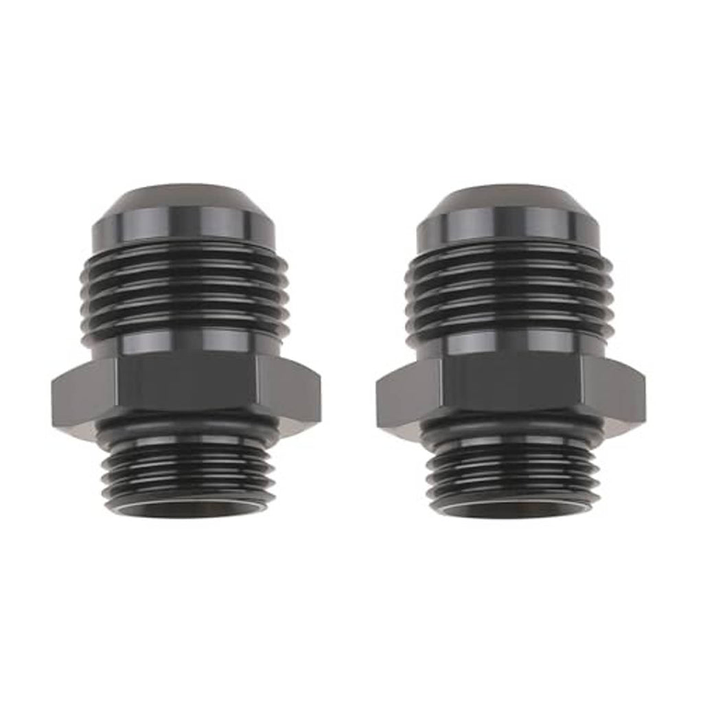 Two black ORB adapter fittings with hex flats and external threaded ports