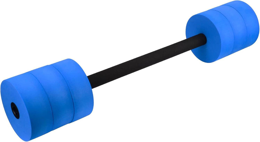 Angled water resistance dumbbell bar with blue foam end sleeves and black handle
