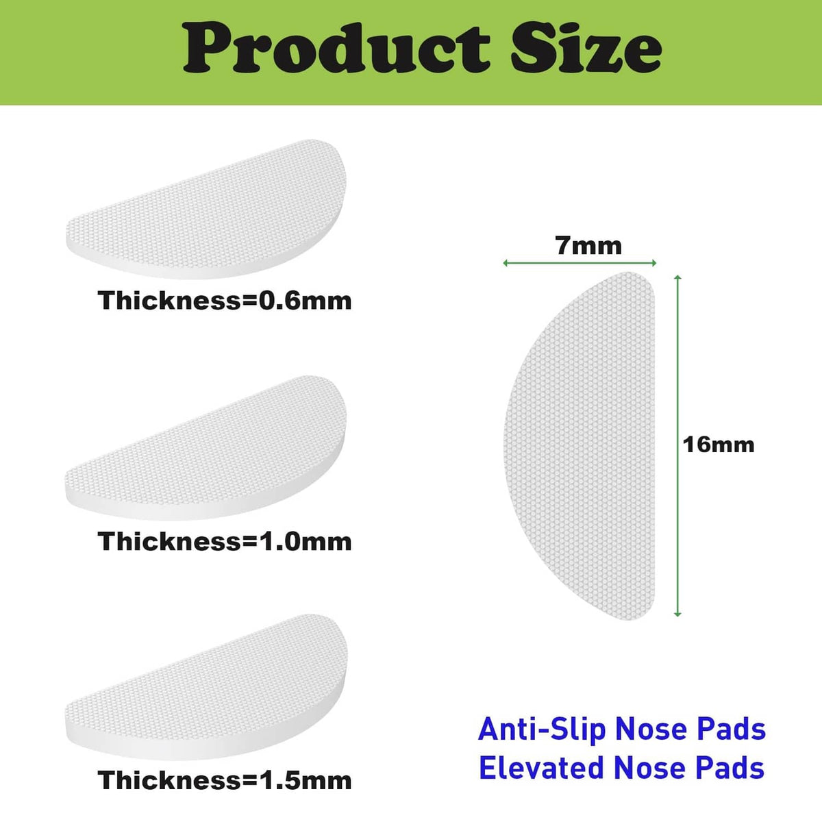 Anti-slip nose pads size chart: thickness 0.6mm, 1.0mm, and 1.5mm pads
