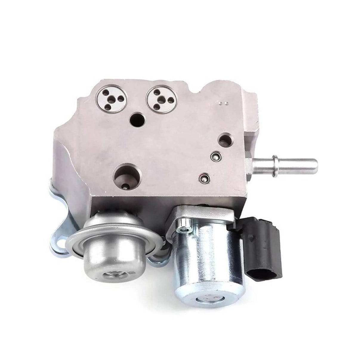 High pressure fuel pump rear view with two round ports and black sensor connector