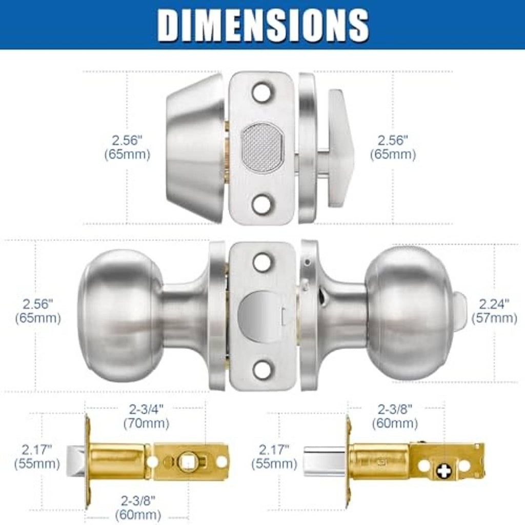 Satin nickel door knob and deadbolt set dimension diagram with knob and plate measurements