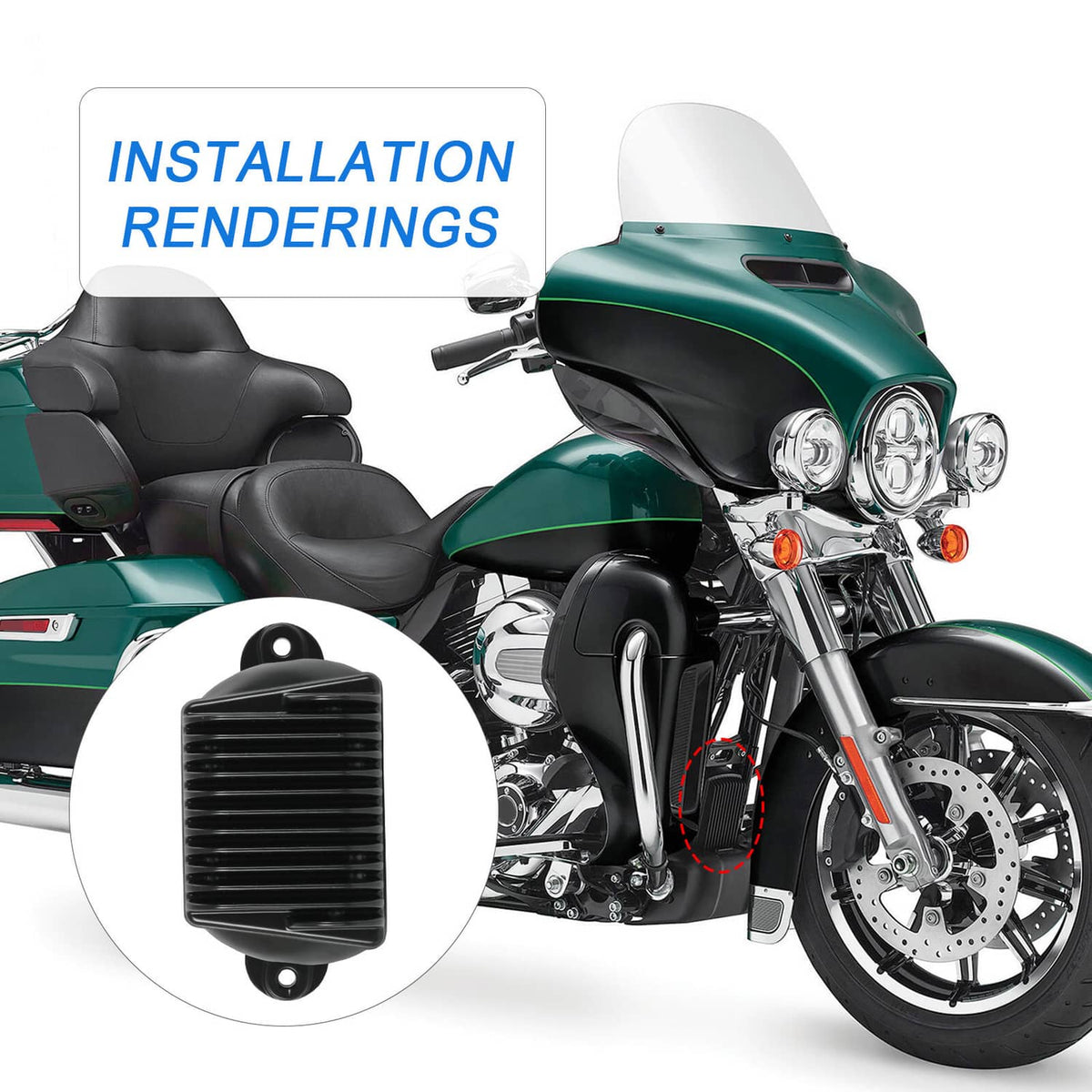 Black voltage regulator rectifier detail with cooling fins and circular mounting tabs