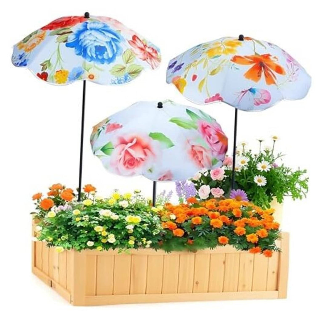 Three-panel floral plant umbrella planter arrangement with colorful canopies