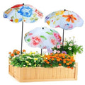 Three-panel floral plant umbrella planter arrangement with colorful canopies
