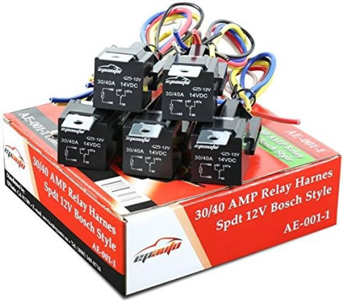 5-pack 12V relay harness display with black SPDT relays and multicolored wiring on box