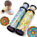 Two kaleidoscope tubes angled together; blue and gold tube bodies with black end windows