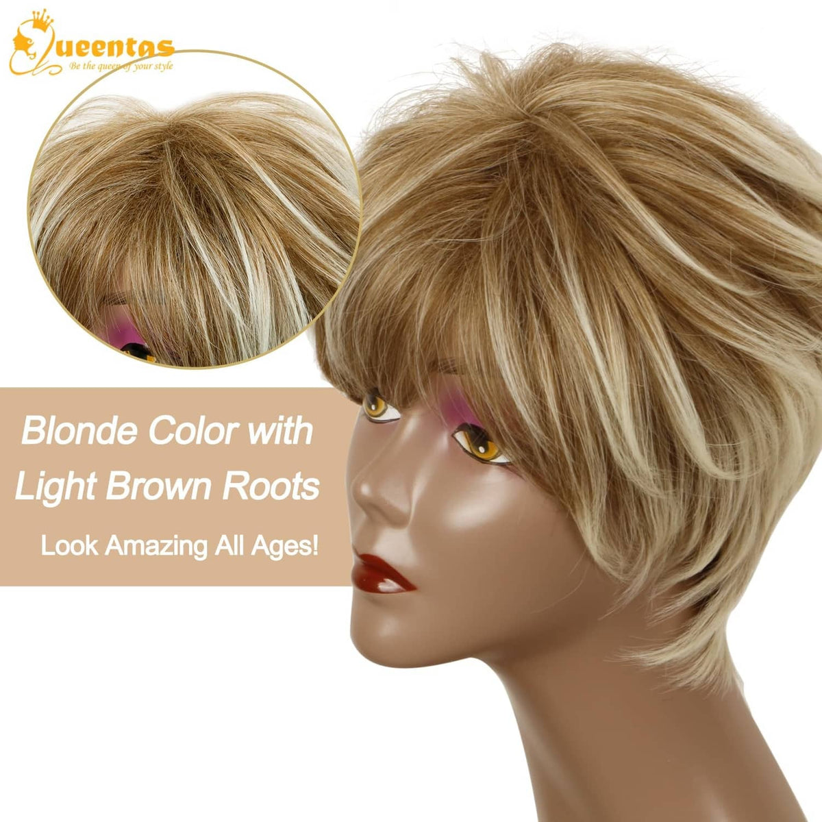 Short blonde pixie wig with light brown roots and side-swept bangs