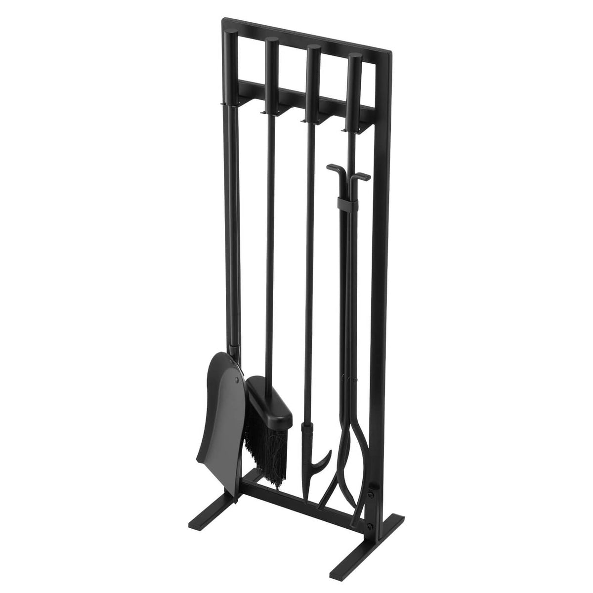 Black square fireplace tool stand with four tools hanging: tongs, shovel, brush, poker
