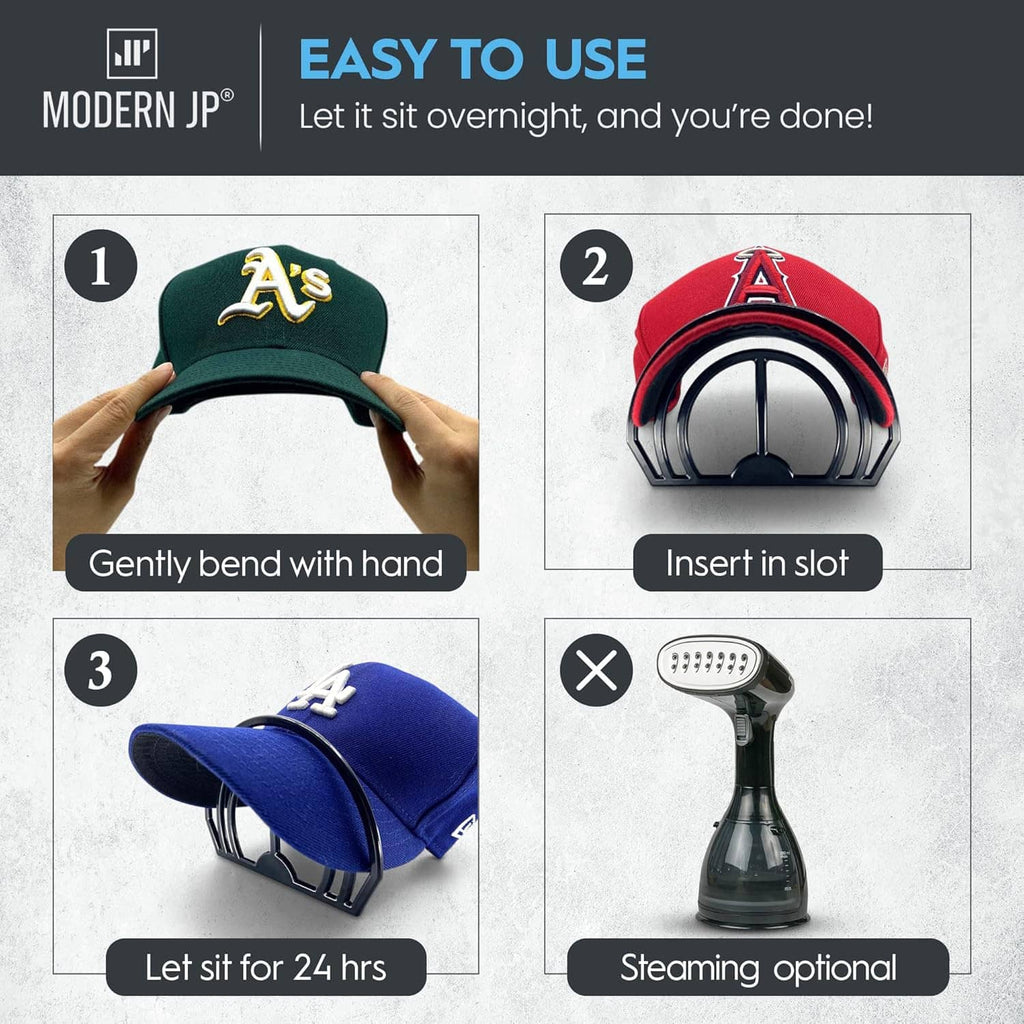 Cap brim bender use: hands shaping a dark green cap with a curved black guide