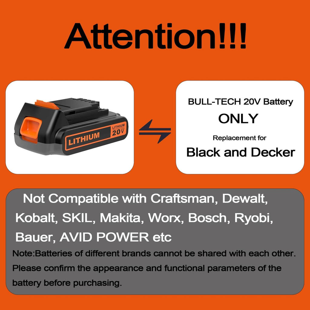 20V lithium battery replacement pack in black with orange accents