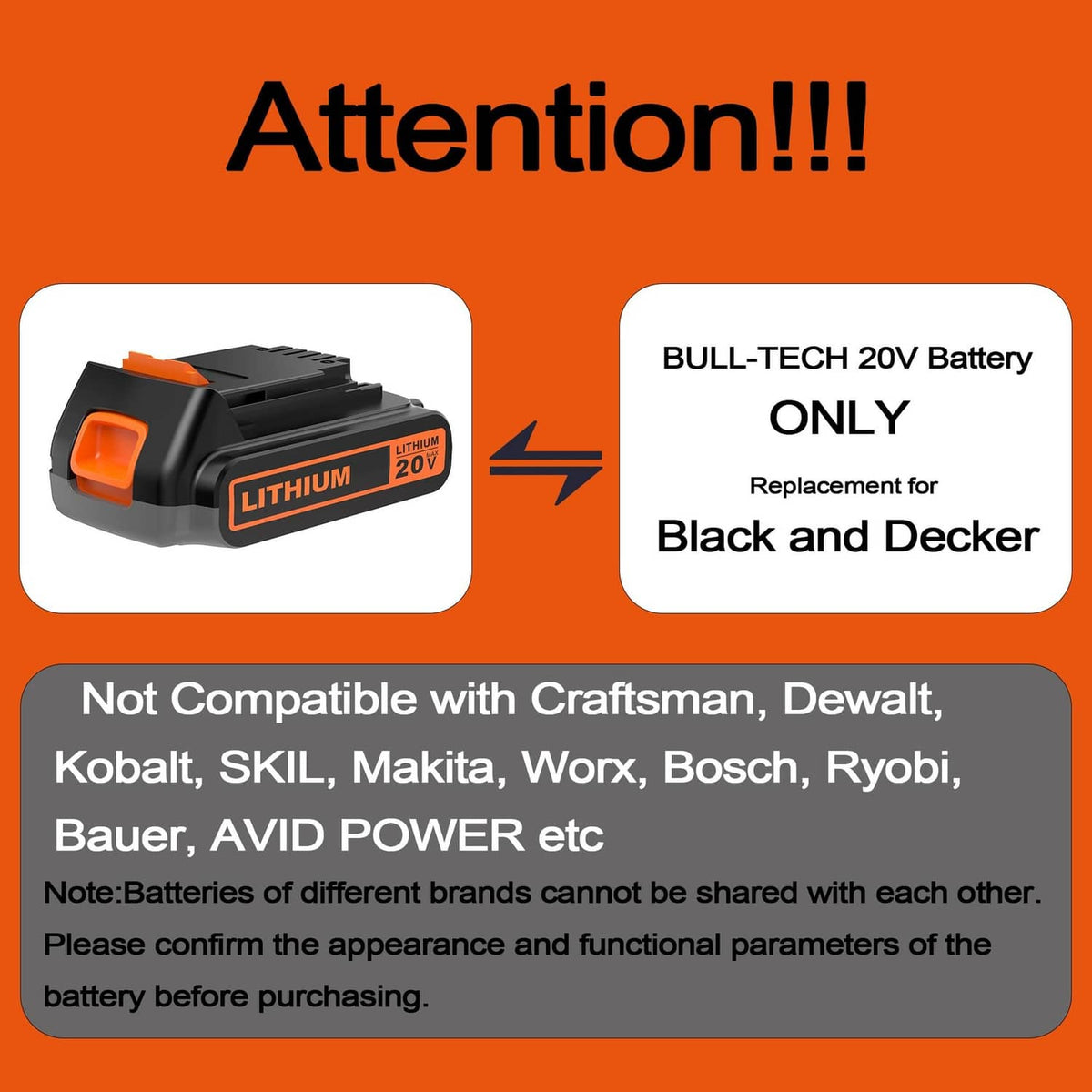 20V lithium battery replacement pack in black with orange accents