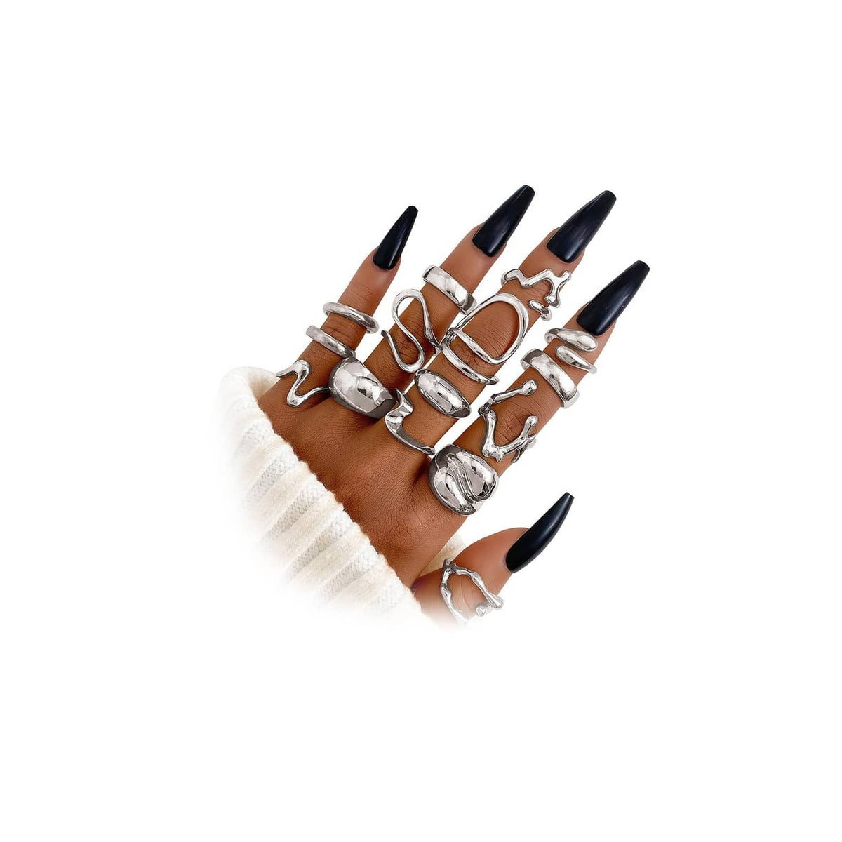 Silver chunky ring set with openwork links, adjustable fit, multiple rings on hand