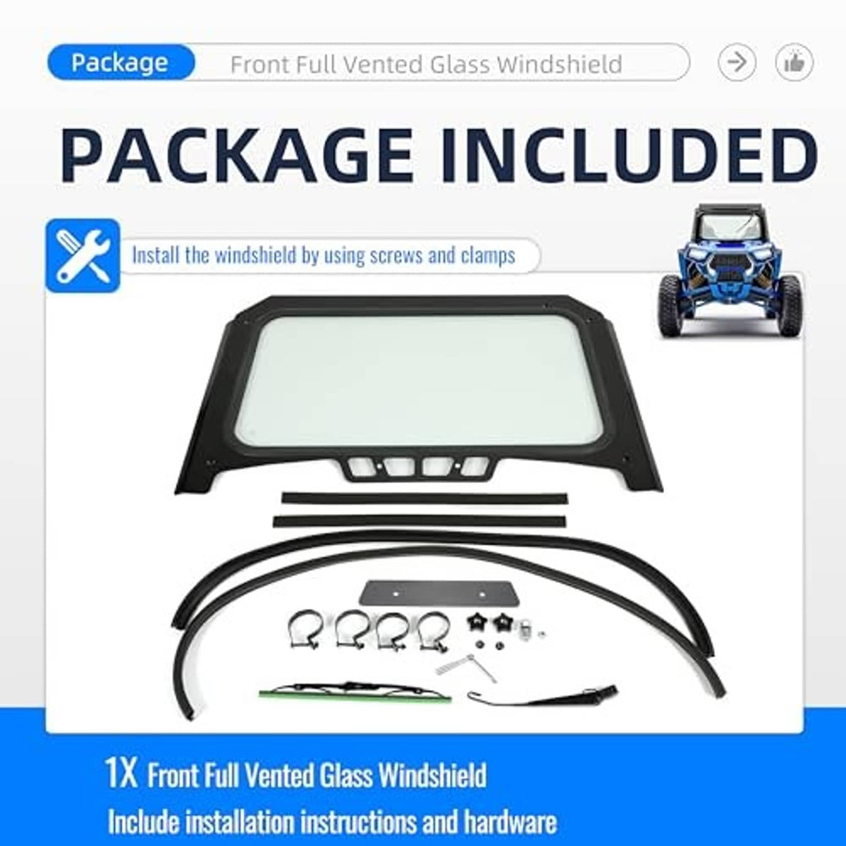 Vented glass windshield kit with mounting hardware and installation screws