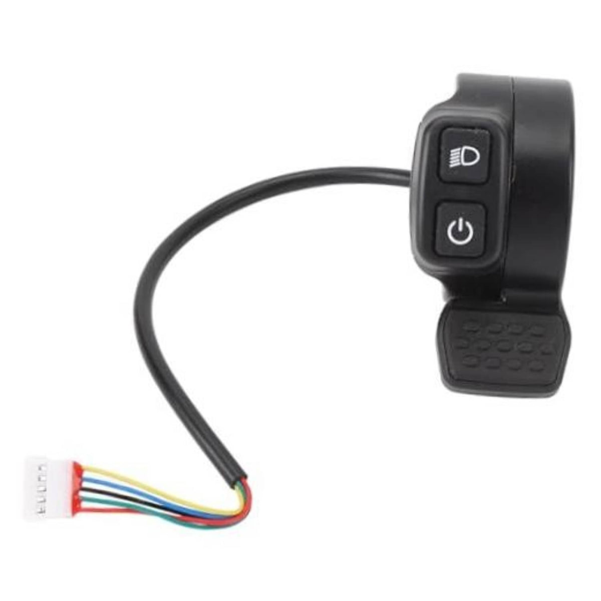 Electric thumb throttle speed controller with on/off buttons and wire harness