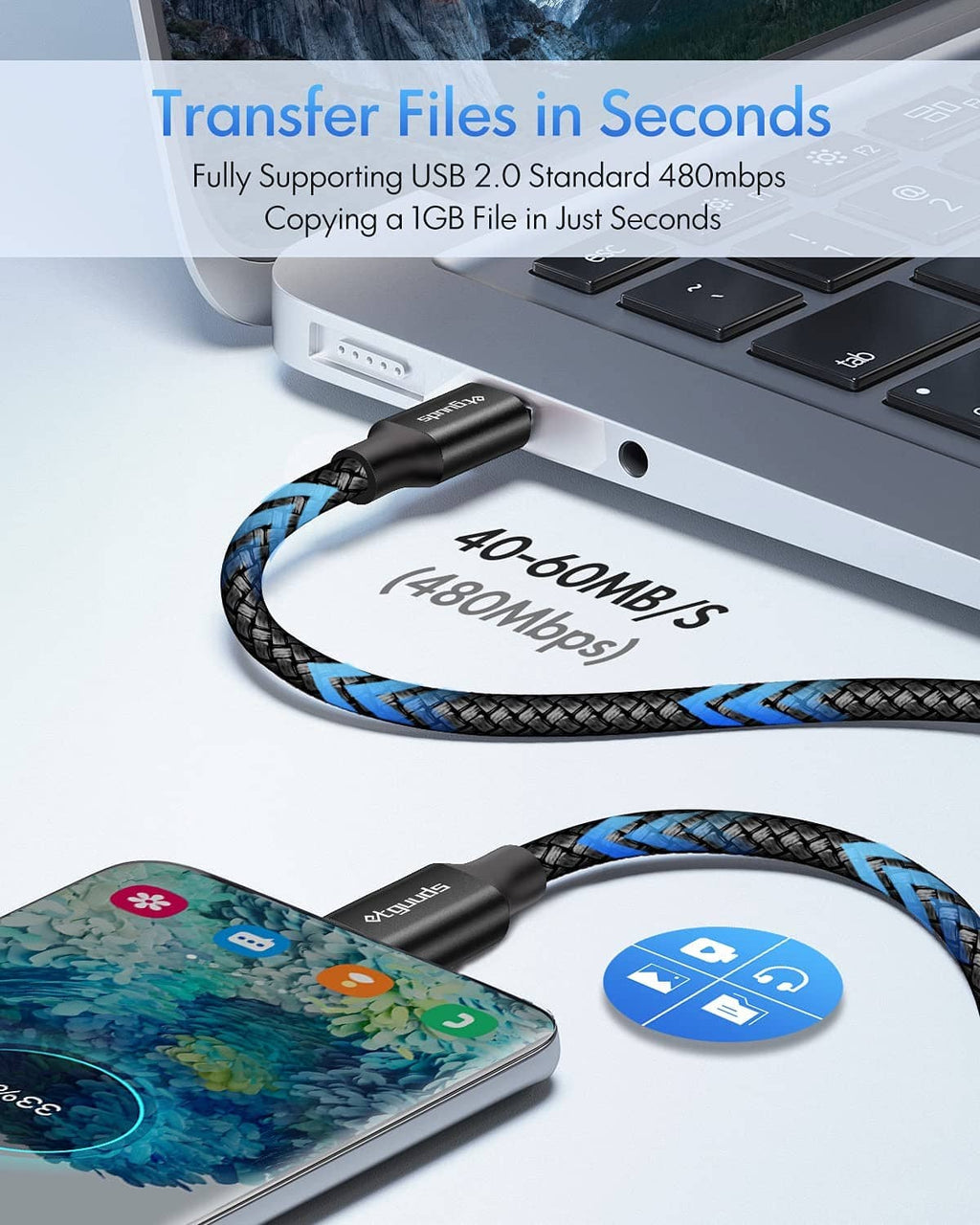 USB-C to USB-C cable with braided black and blue accent, connected to laptop and phone.