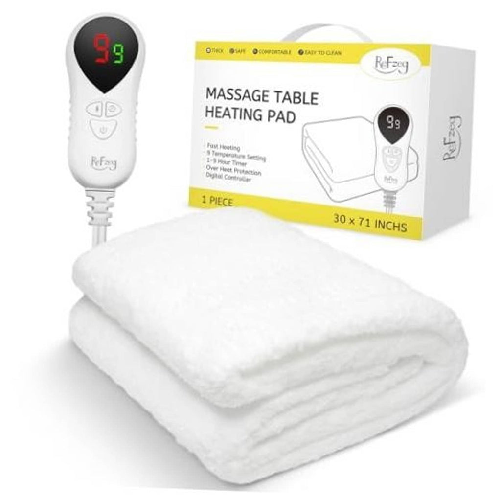 Massage table heating pad with digital controller and folded white fluffy warming blanket