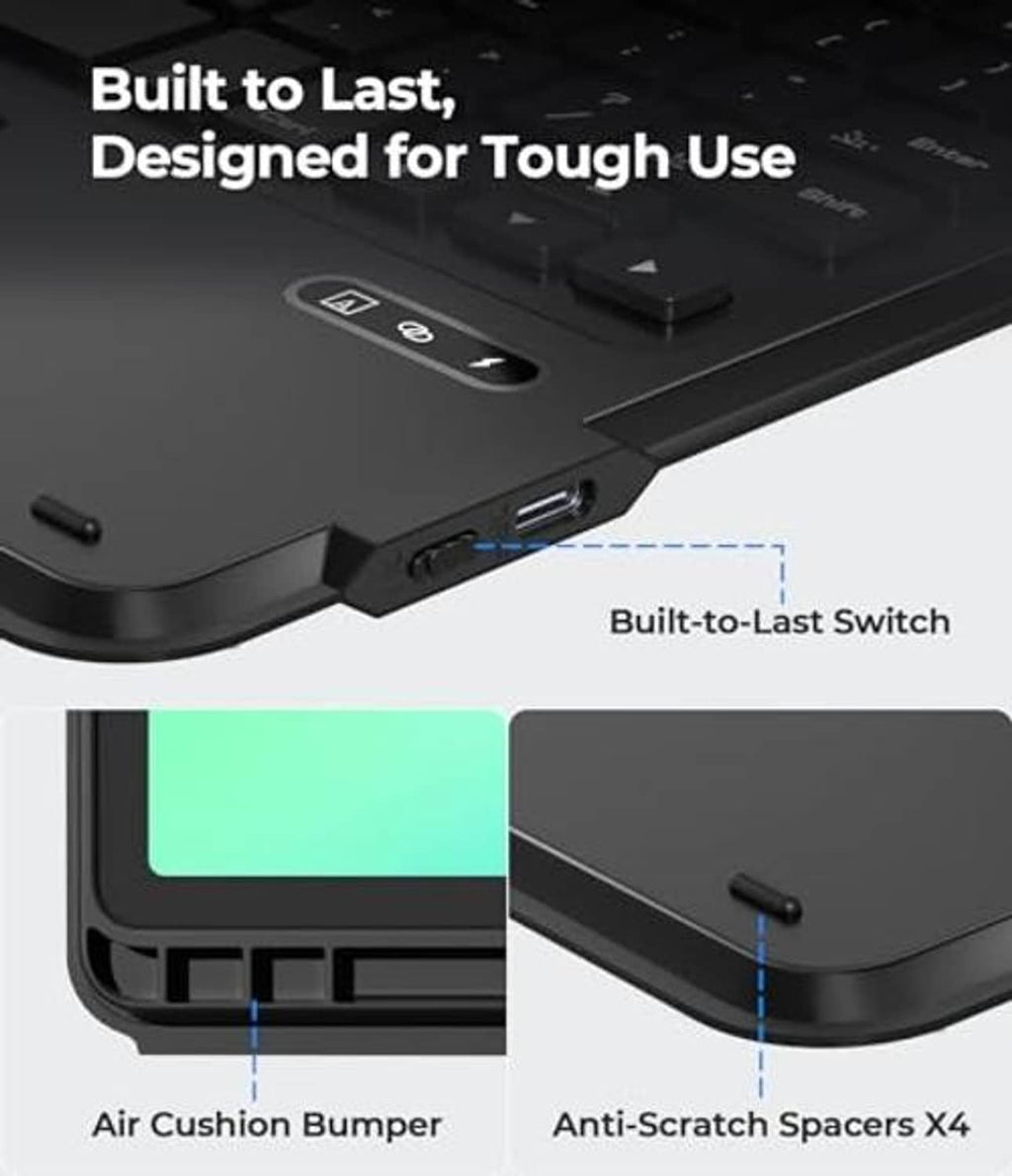 Black folio keyboard case close-up with port cutouts and raised corner bumpers