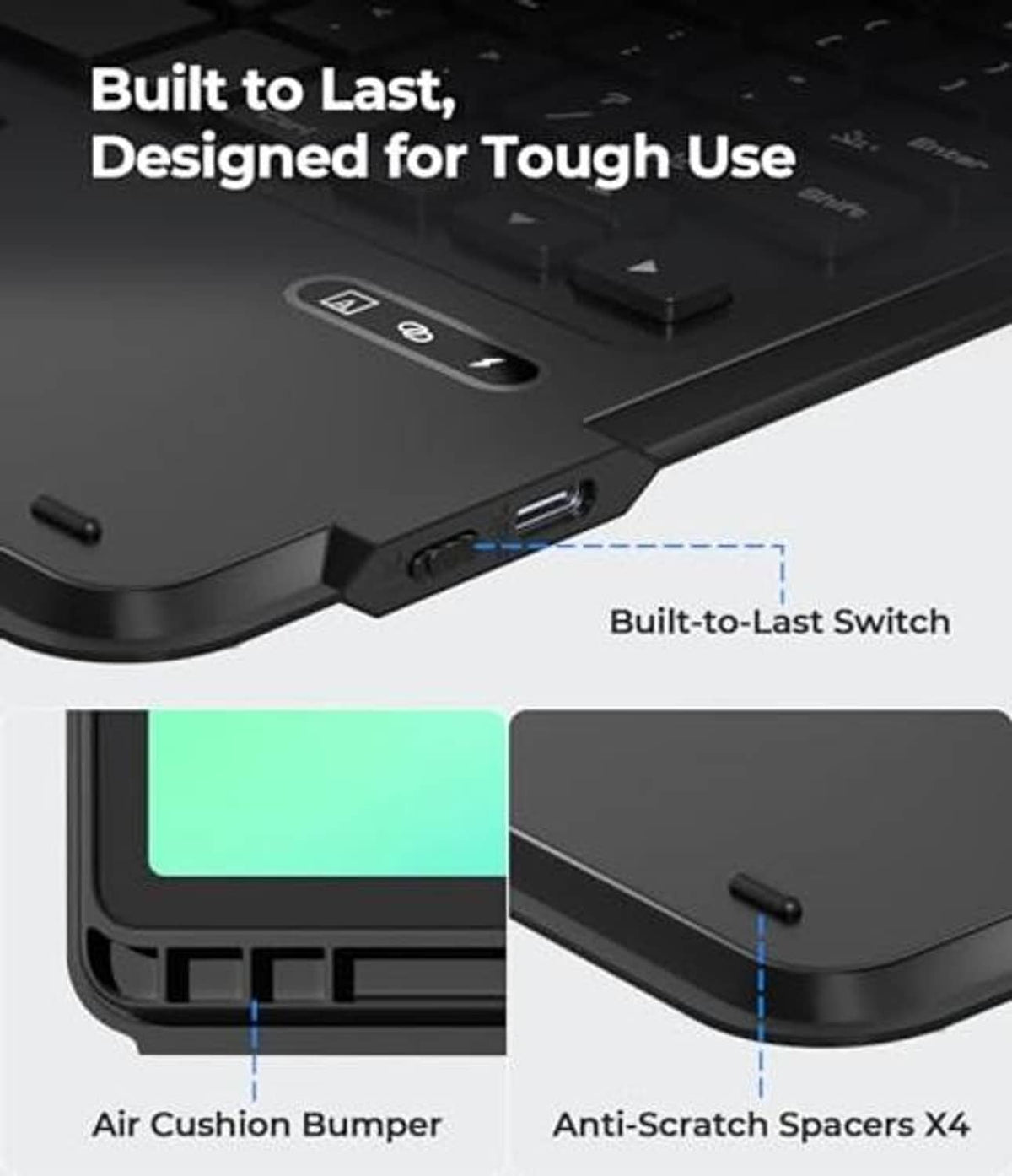 Black folio keyboard case close-up with port cutouts and raised corner bumpers