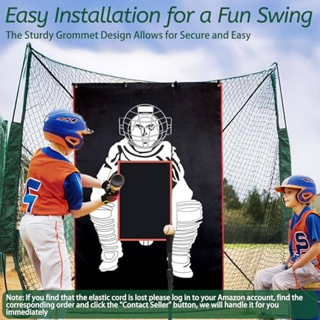 Youth batting practice with a black strike zone backstop panel and catcher target graphic