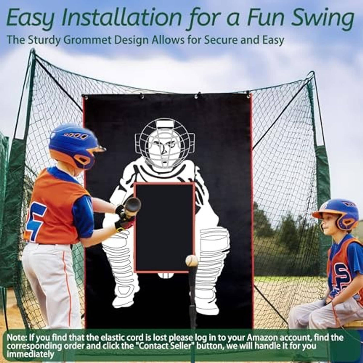 Youth batting practice with a black strike zone backstop panel and catcher target graphic