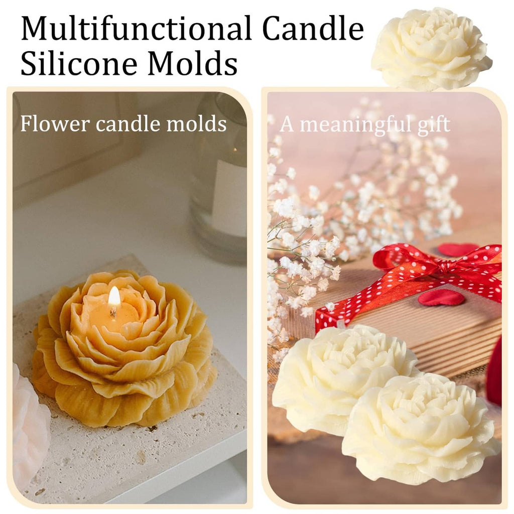 Silicone flower candle molds with peony design, shown with yellow and white candles
