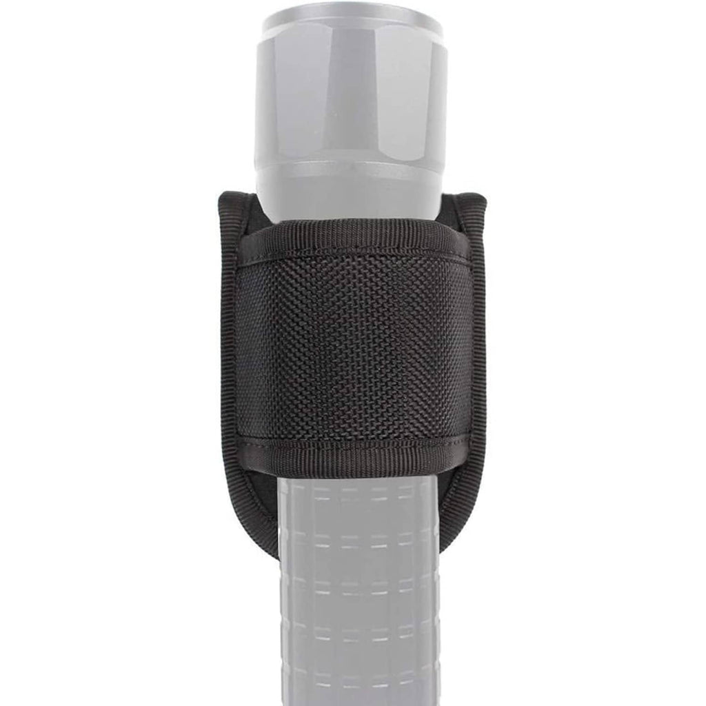 Black open-top flashlight holder pouch securing a flashlight cylinder.