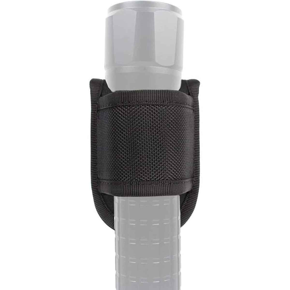 Black open-top flashlight holder pouch securing a flashlight cylinder.