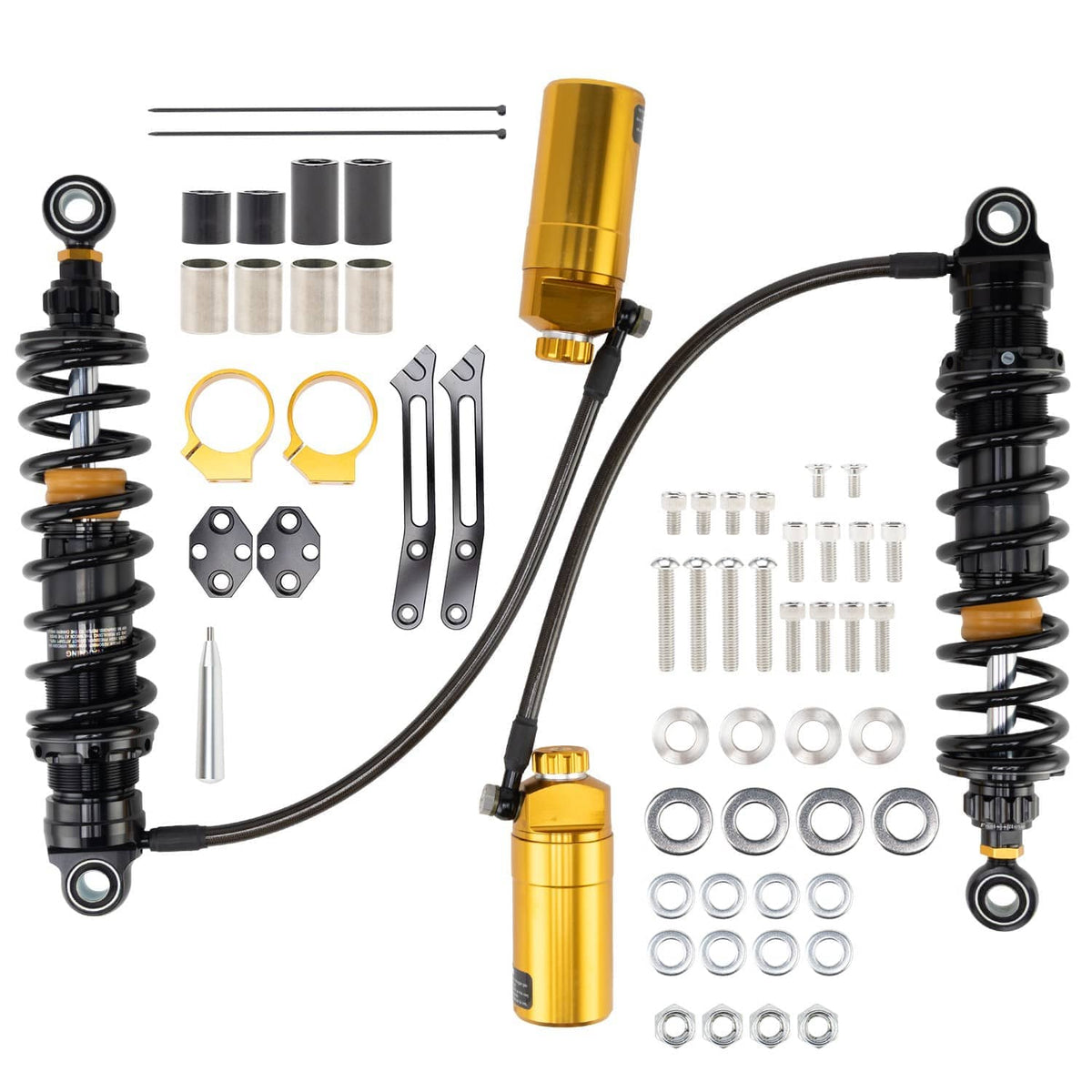 Rear suspension shock kit with two black shocks, gold remote reservoirs, bushings, brackets and bolts