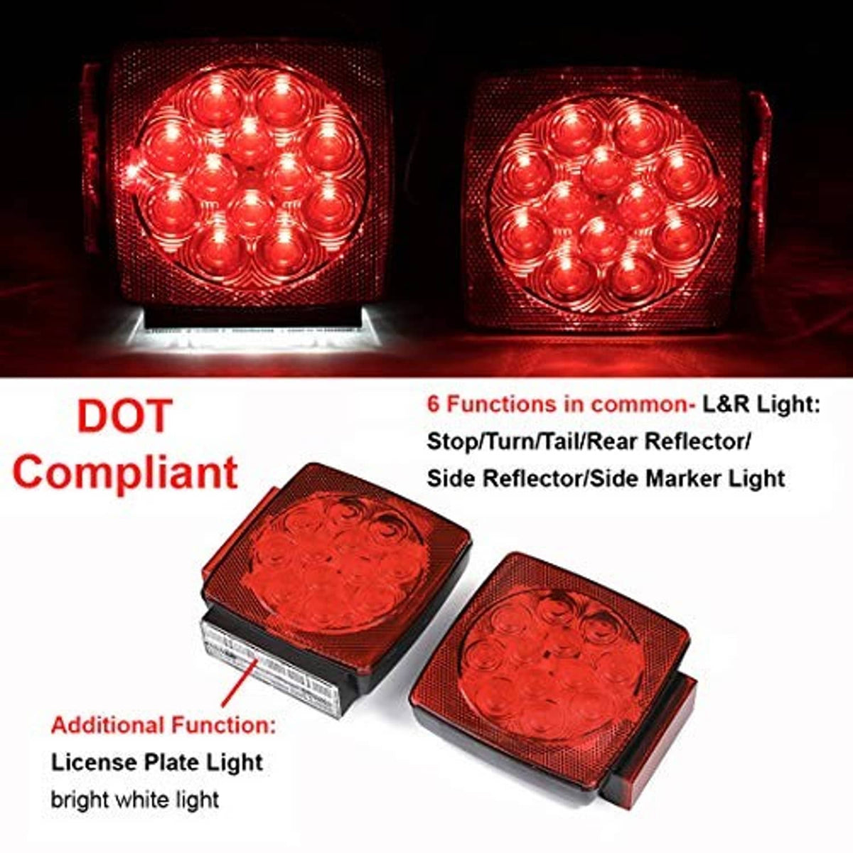 Two lit square red LED trailer lights with circular LED arrays and black side housing