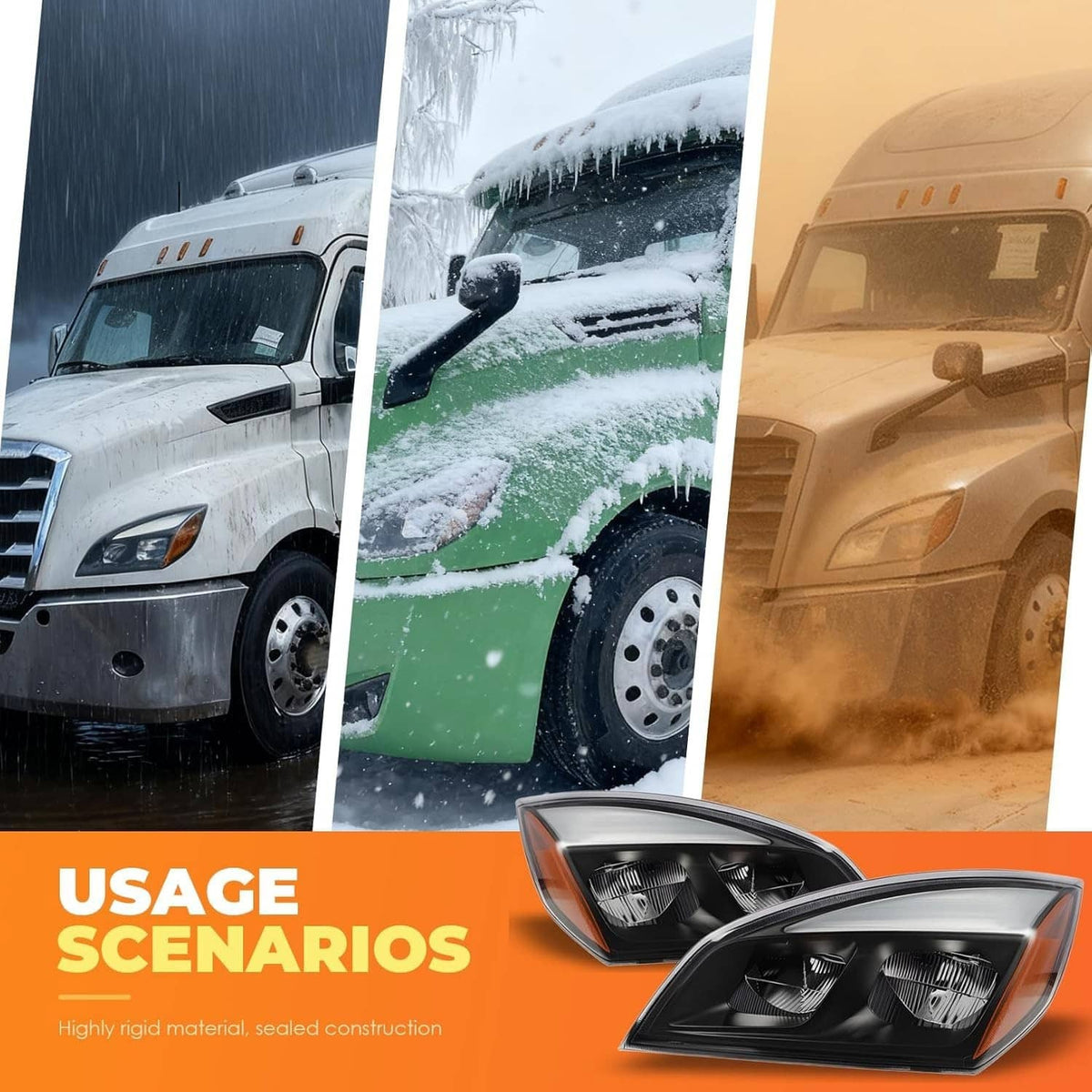 LED headlight pair on trucks in snowy and dusty outdoor scenes, small close-up