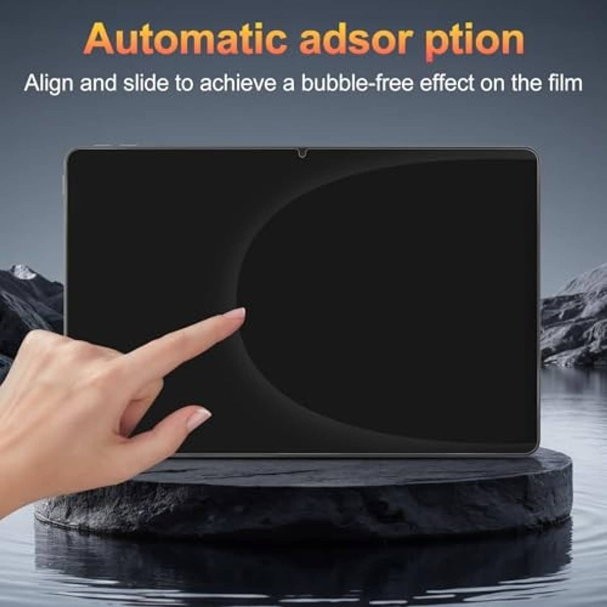 Tablet screen protector made of transparent tempered glass, aligned on the device
