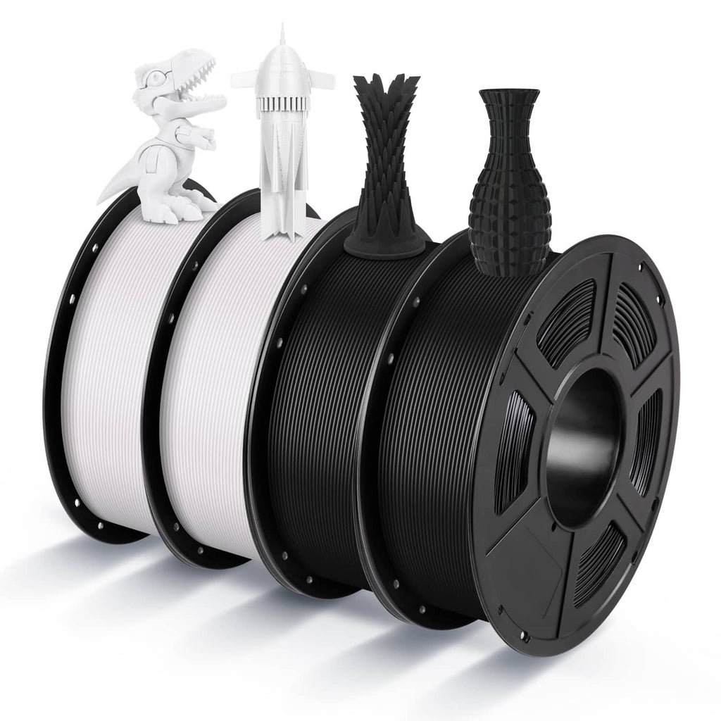 PLA filament bundle of four spools in black and white for 3D printing