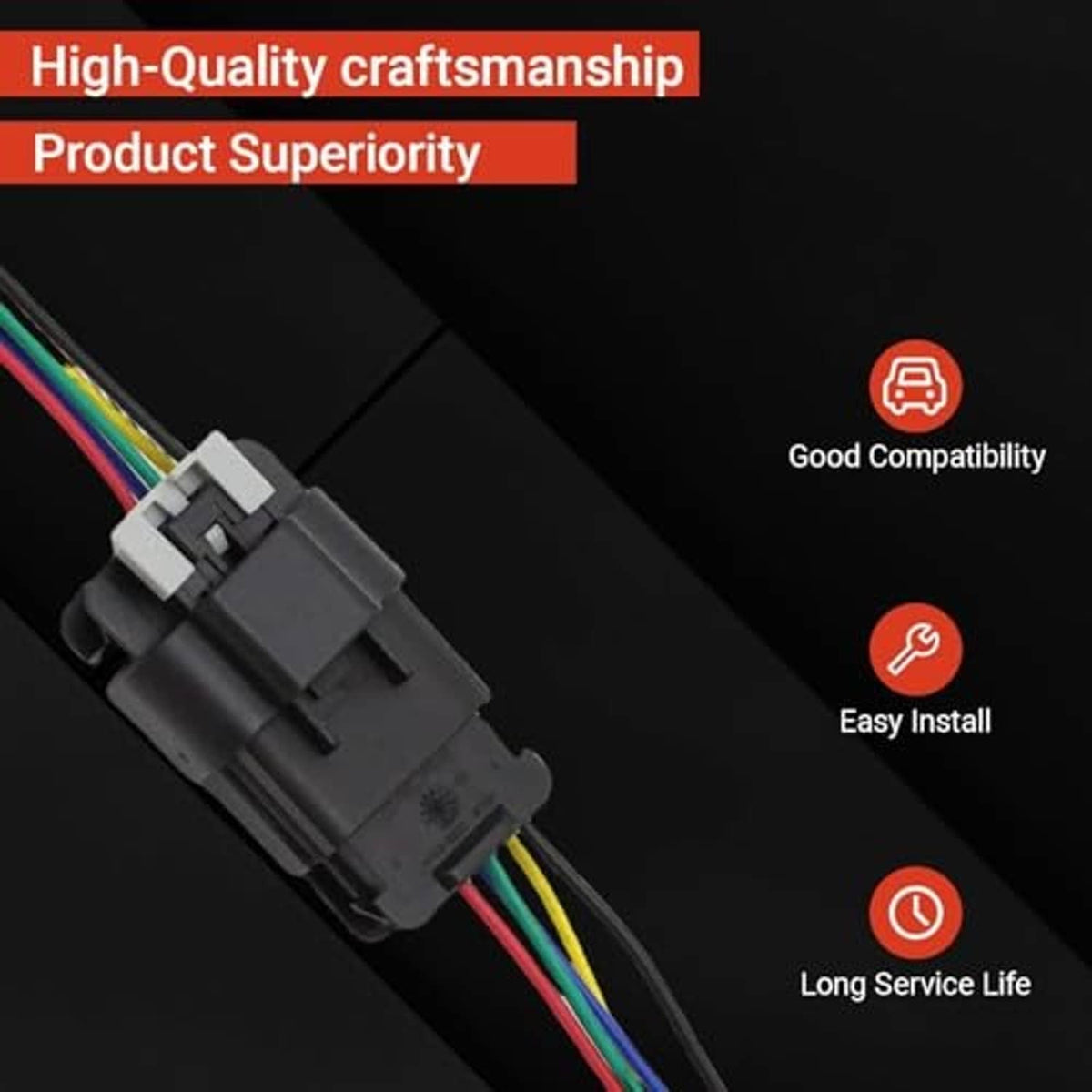 Headlight connector harness pigtail with molded black plug and multicolor wire leads