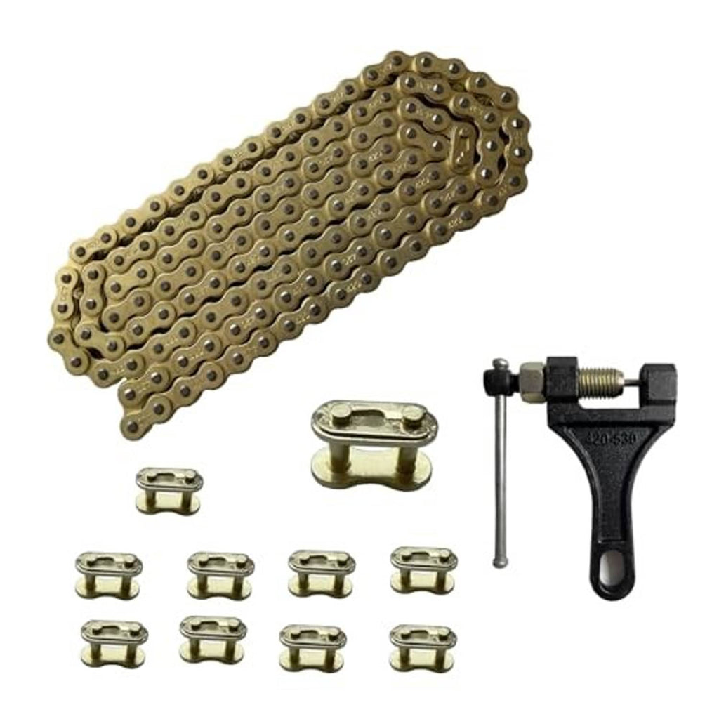 Gold roller chain set with chain breaker tool and several spare link connectors