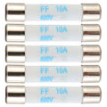 Silver fast-acting fuse carrier, blue FF 10A 600V DC marking, metal end caps