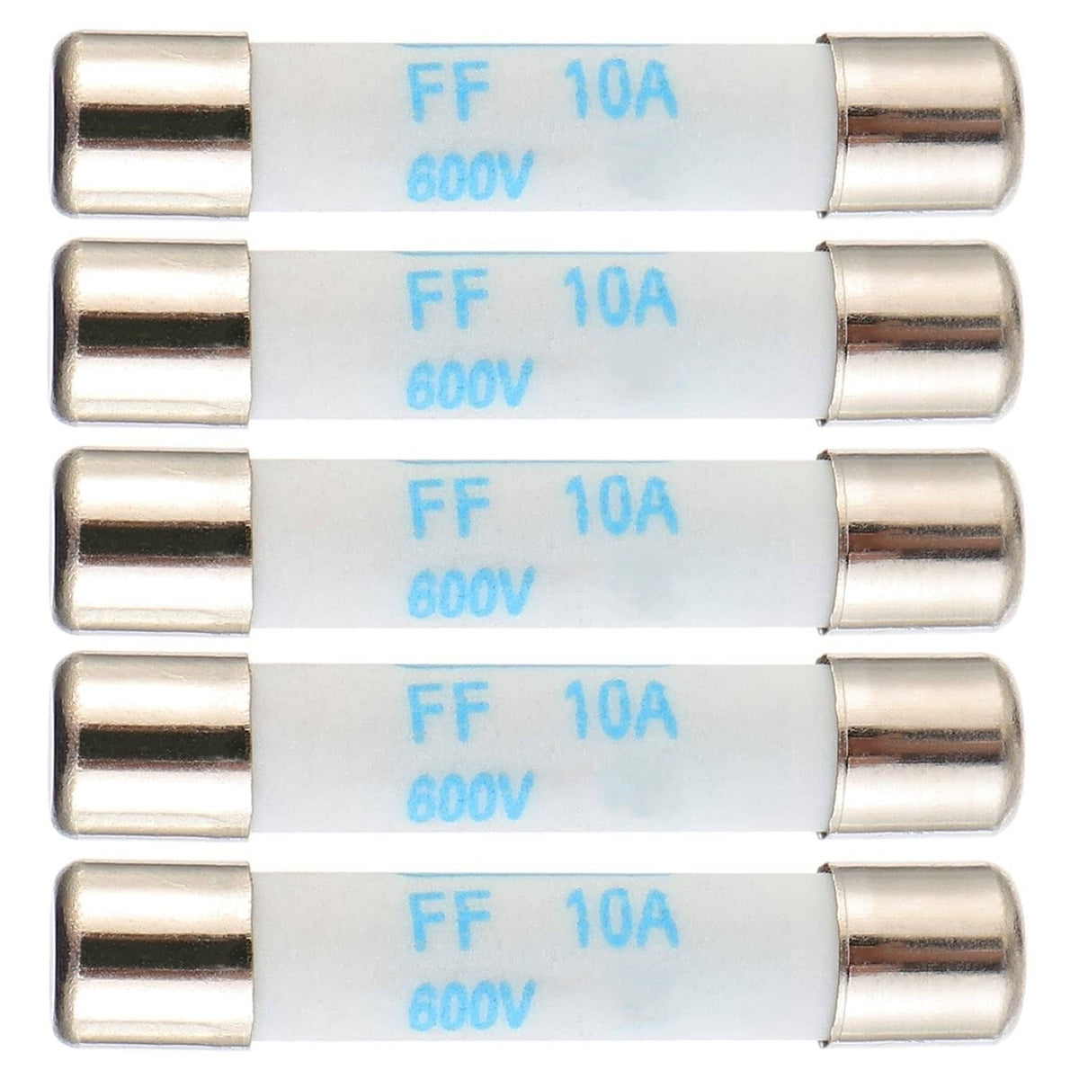 Silver fast-acting fuse carrier, blue FF 10A 600V DC marking, metal end caps